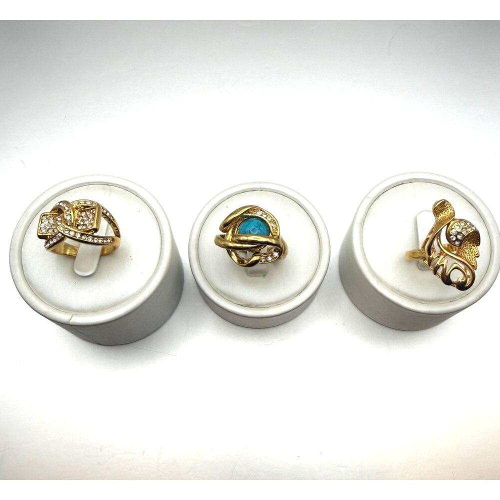 Vintage Gold Tone Statement Ring Lot of 3 | Turquoise Look, Pavé & Sculptural De